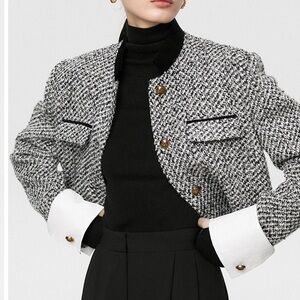 Tweed & Boucle Black and White Tweed Jacket with Gold Button Detail